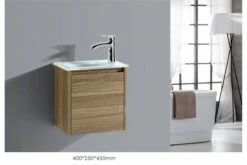 BETTA 400 Textured Antique Oak Wood Grain Wall Vanity, Hidden Handle, Glass Top