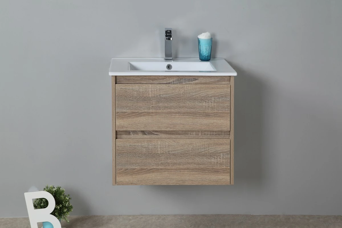 LEO Textured Rural Oak Wood Grain Vanity, Hidden Handle 600mm 3 LEO Textured Rural Oak Wood Grain Vanity, Hidden Handle 600mm