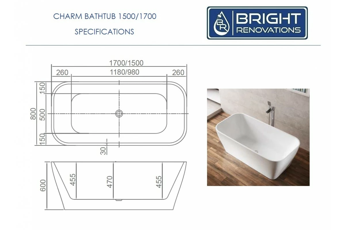 Charm Thin Edge Free Standing Acrylic Bath Tub 1500mm&1700mm 6 Charm Thin Edge Free Standing Acrylic Bath Tub 1500mm&1700mm - Image 4